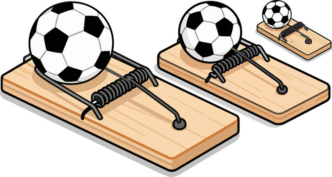 Soccer ball mouse traps, football trap illustrations, sports vector icons, funny animal catch