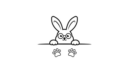 Fototapeta premium Rabbit wearing glasses vector illustration showing paws peeking over a horizontal line on a clean white background design element
