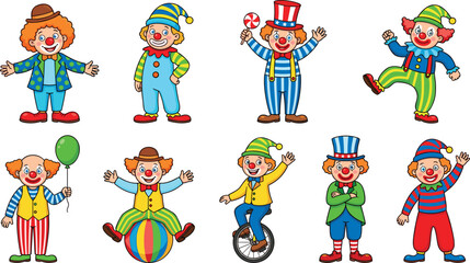 Funny Circus Clown Vector Set, Colorful Cartoon Character Illustration Collection with Happy Clowns in Different Poses and Costumes © Mifta