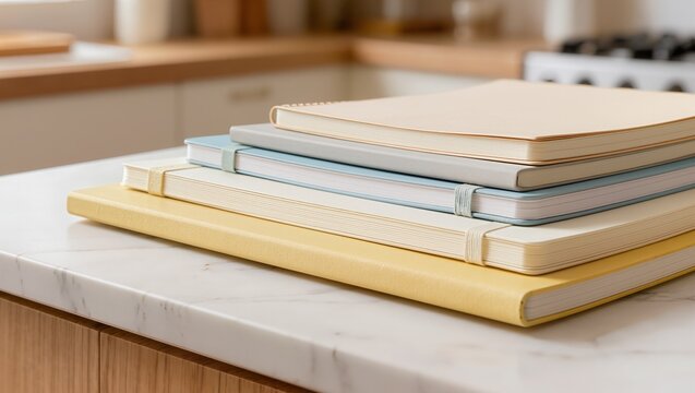 A stack of colorful notebooks rests on a white marble kitchen countertop. Focuses on stationery, study routine, home workspace, organization, and creative planning at home