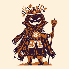 Obraz premium Halloween character design with pumpkin head and staff