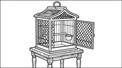 Fototapeta premium Line art birdcage on wooden stand with open door for coloring practice