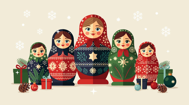 Matryoshka Dolls with Christmas Decorations and Snowflakes