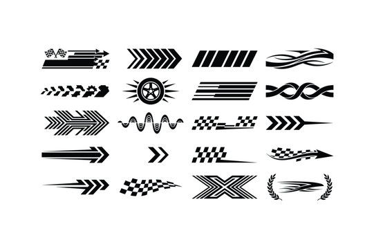 Set of black automotive racing decals and sports stripes graphics for vehicle tuning