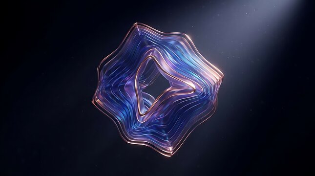 Abstract iridescent hexagonal geometric shape floating in dark space with sci fi abstract geometric hexagonal iridescent