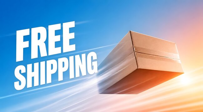 Free shipping, delivery and fast parcel in sky for e-commerce, logistics and transport. Cardboard box, express and quick service with mail, package and container for distribution, online shopping