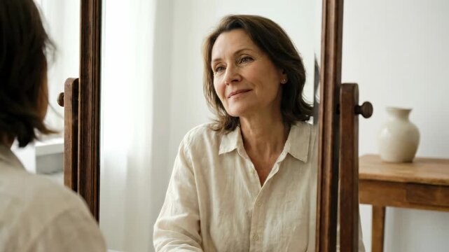 Medium close-up shows middle-aged woman in softly lit bedroom dressing area, seated before freestanding wooden mirror, face angled slightly right with calm smile, relaxed pose, warm neutral decor