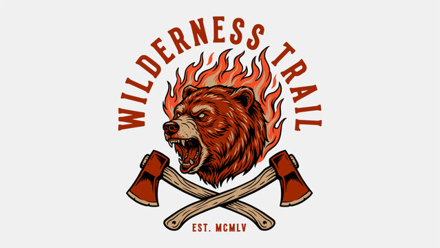 Vintage Angry Grizzly Bear with Fire and Crossed Axes Illustration Wilderness Trail Adventure Outdoor Emblem for T-shirt Design Print and Apparel