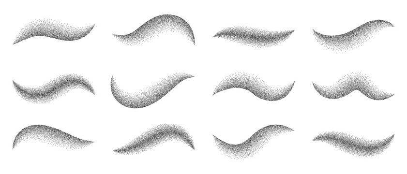 Grain wave patterns with dot noise textures. Abstract gradient curves create flowing sand effects with vintage spray and halftone shadows.
