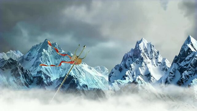 Lord Shiva Against mountain, with majestic trishul of snowy himalayan peaks, spiritual meditation hindu.