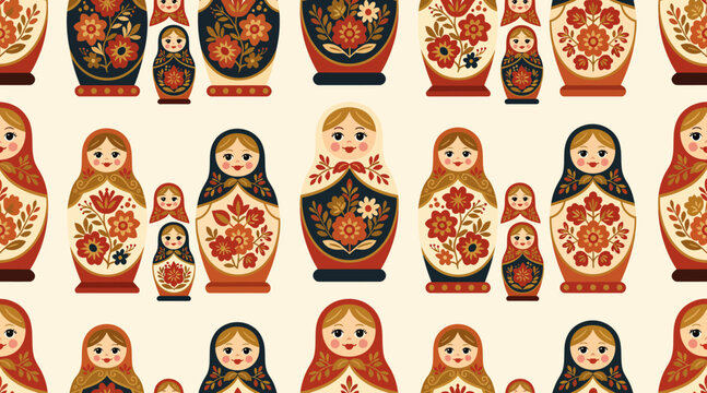 Matryoshka dolls pattern, traditional russian nesting dolls, folklore art