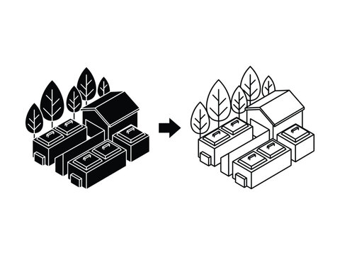 House and money boxes with leafy trees on transparent background  transformation from black to white