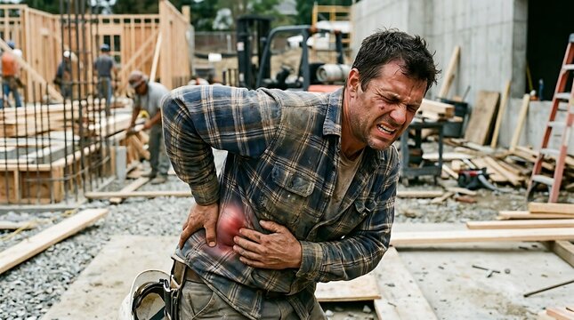 Construction worker holding back in pain from injury at site.