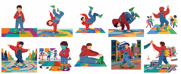 Young Boy Breakdancing and Hip Hop Street Dance Illustration Set