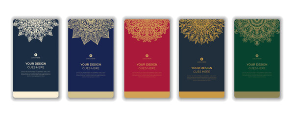 Classic majestic vertical invitation card layouts featuring luxury gold mandala designs © Nipa