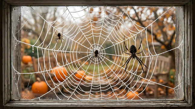 Halloween Spider Web On Old Window Frame With Pumpkins In Background