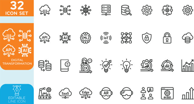 Digital transformation line editable Vector illustration icon set. featuring AI, robotics, smart technology, and automation, future tech, and business innovation. on transparent background.
