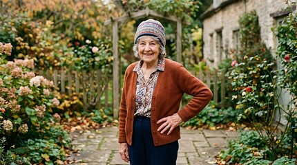 Fototapeta premium Smiling senior woman standing outdoors in front of cottage garden property.