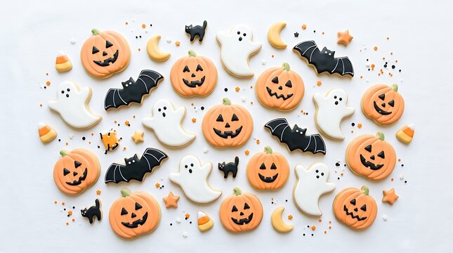 Halloween decorated sugar cookies arrangement with candy corn and sprinkles