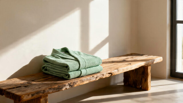 Folded sage green bathrobe on rustic wooden bench