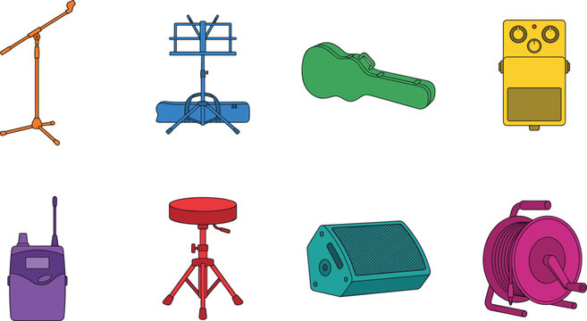 Professional Music Equipment Vector Set with Microphone Stand Speaker Monitor Guitar Case and Audio Accessories
