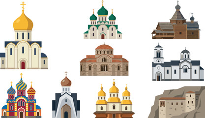 Orthodox church and cathedral building architecture vector illustration set with historic eastern christian religious landmarks golden domes and monastery elements © MdMehedi