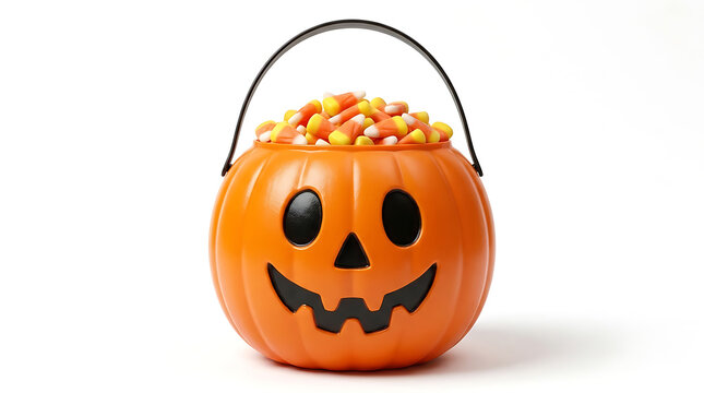 halloween pumpkin bucket filled with colorful candy corn sweets for trick or treat celebration