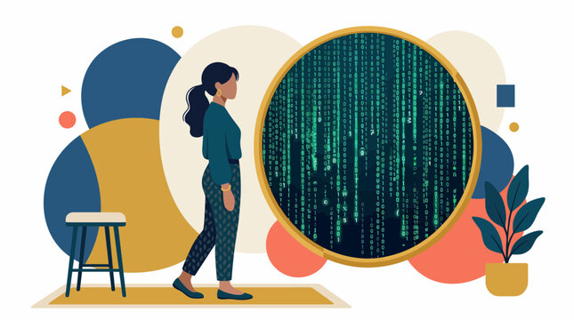 Woman facing a screen of digital binary code representing fatigue