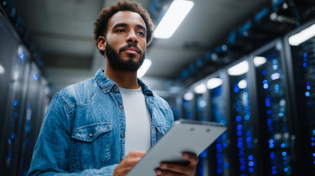 Male IT technician inspecting enterprise server cabinets with a clipboard in a modern data center, verifying equipment status and cable organization, illuminated server racks, clou