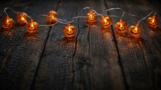 halloween pumpkin jack o lantern string lights glowing on dark wooden background for spooky celebration