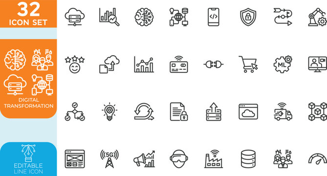 Digital transformation line editable Vector illustration icon set. featuring AI, robotics, smart technology, and automation, future tech, and business innovation. on transparent background.