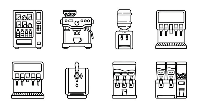 Vending machines collection black line vector illustration on white background