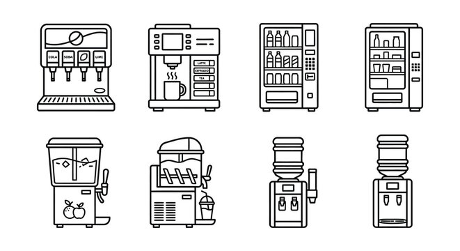 Vending machines collection black line vector illustration on white background