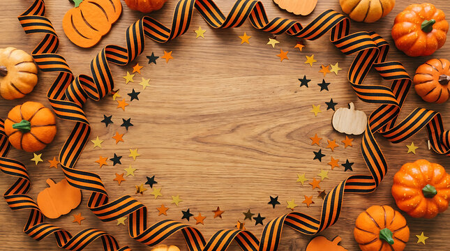 Halloween festive background with orange pumpkins and black striped ribbon on wooden surface
