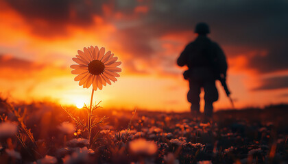 Fototapeta premium Chamomile flower in sharp focus surrounded by flying debris with soldier's silhouette blurred against dramatic golden sunset. Highlights vivid colors, contrasting fragility of flower with resilience.