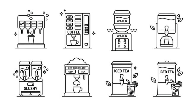 Vending machines collection black line vector illustration on white background