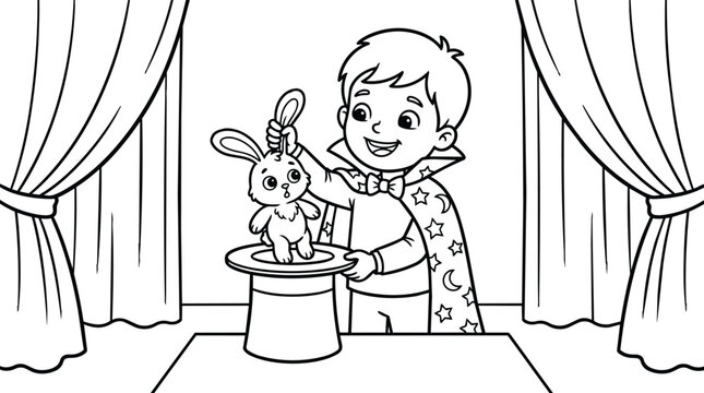 Boy magician performing magic with rabbit in hat on stage with cape stars