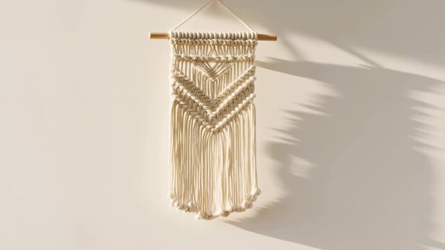 Handcrafted macram&eacute; wall hanging with layered chevron and diamond knots, long fringe, wooden dowel, and shifting diagonal shadows across neutral cream wall, with macrame, wallhanging, handmade