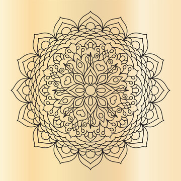Detailed black line art mandala, complex floral and heart shapes, suitable for coloring books.