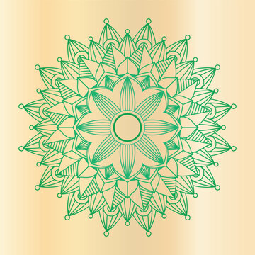 Intricate green mandala with geometric and floral elements, detailed design on soft background.