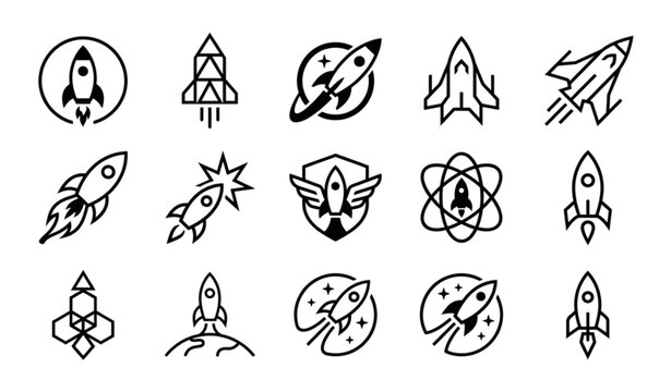 Modern Rocket Ship Logo Set with Space Shuttle Silhouette and Minimal Badge Emblem Vector Collection