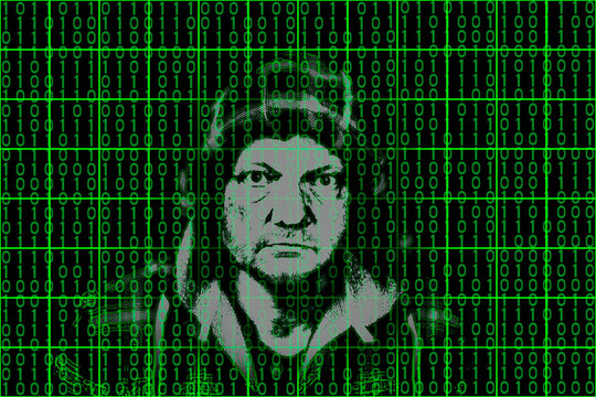 Green grid and binary code on a screen with human head silhouette in background. Common man reflection on digital display as spectator of artificial world image in virtual net of one and zero numbers.