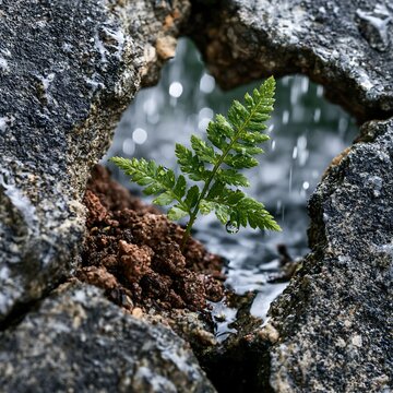New Life Amidst Rocks: Fern Sprout Grow Through Cracks in Nature