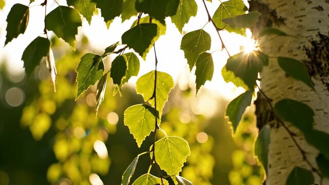 Golden sunbeams filter through lush green birch leaves on a bright summer day