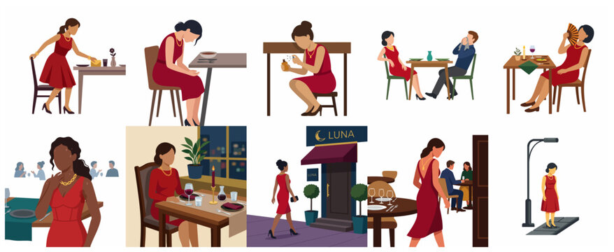 Collection of flat illustrations showing a woman in a red dress during various unsuccessful and awkward restaurant date scenarios.