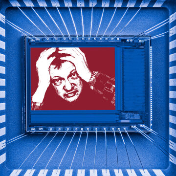Closeup of human face in abstract picture inside image sensor of digital camera. Imaginary creating a photo of person holding his head captured in small die of electronic integrated circuit of imager.