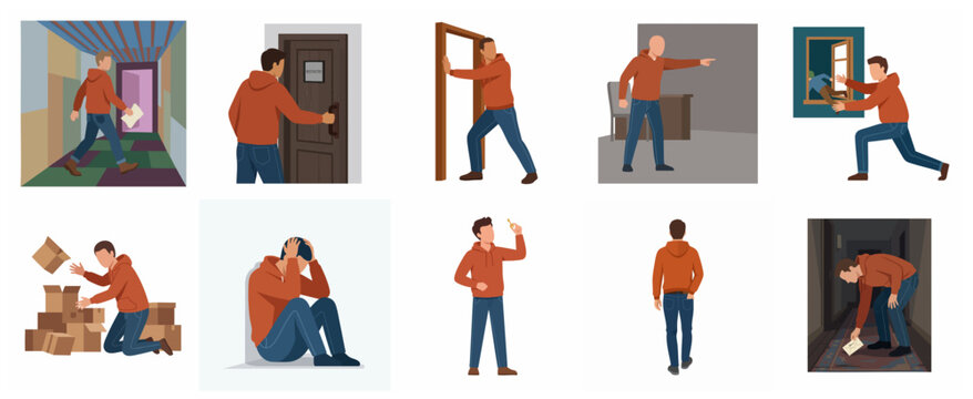 Set of illustrations showing a man in an orange hoodie performing suspicious activities, burglary, and criminal actions