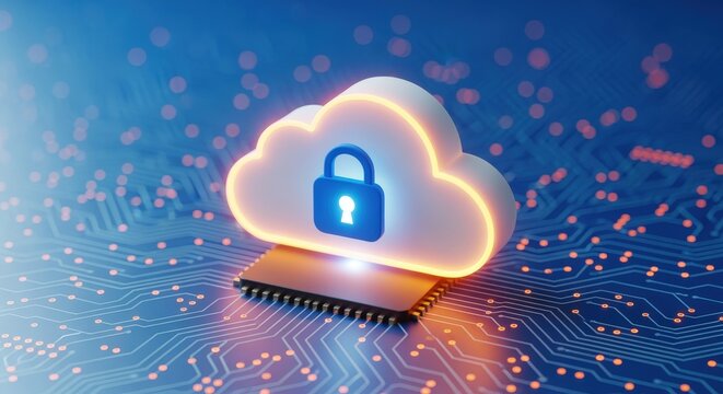 Secure Cloud Computing with Padlock Icon on Microchip and Circuit Board