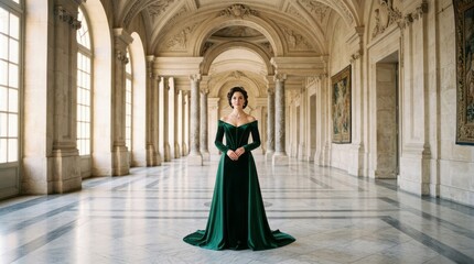 Naklejka premium Elegant Woman in Green Dress in Historic Hall