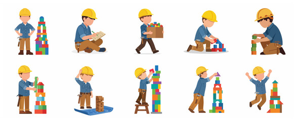 Fototapeta premium Cute little boy character in construction worker outfit playing with building blocks illustration set
